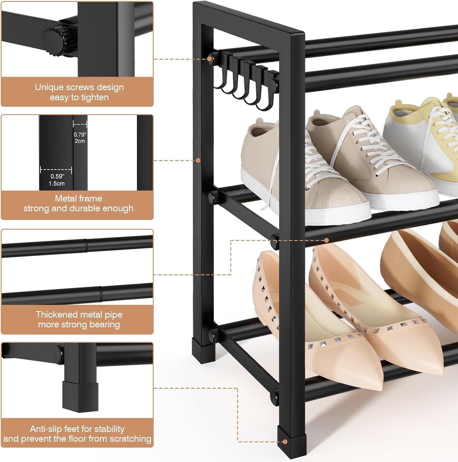 Expandable Shoe Rack - 18.5''- 47'' Adjustable Shoe Rack for Closet, 3 Tier Long Shoe Shelf Storage for 18 Pairs Shoe and Boot, Sturdy Metal Shoe Organizer for Entryway, Garage, Black