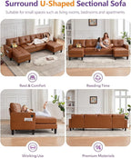 TYBOATLE 116’’ W Brown Faux Leather Sectional Couch w/USB and Cup Holders for Living Room, Comfy Tufted U Shaped Sofa w/Chaise Lounge, Office Leather Sofa for Bedroom