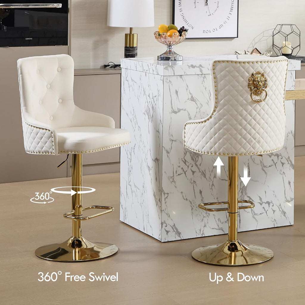 Gold Barstools Set of 4,Velvet Swivel Bar Height Stools with Lion Pull Ring,Upholstered Counter Height Stools with High Tufted Back,Modern Adjustable Bar Chairs for Kitchen Island/Cafe,Cream