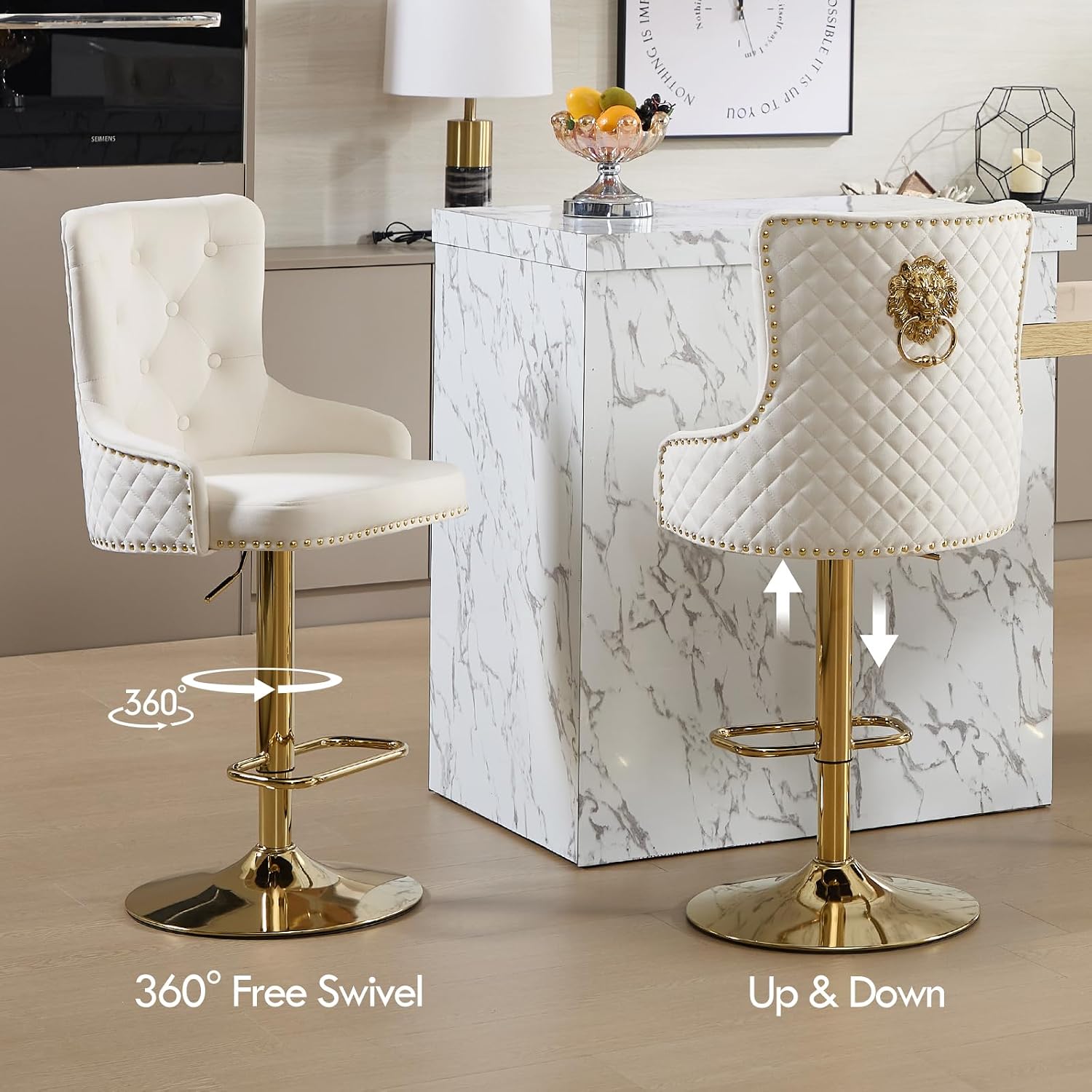 Gold Barstools Set of 4,Velvet Swivel Bar Height Stools with Lion Pull Ring,Upholstered Counter Height Stools with High Tufted Back,Modern Adjustable Bar Chairs for Kitchen Island/Cafe,Cream