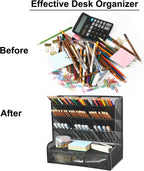 Marbrasse Mesh Pen Holder for Desk, Multi-Functional Pencil Organizer with Drawer, Desk Organizers and Accessories for Office Art Supplies (Large Black)