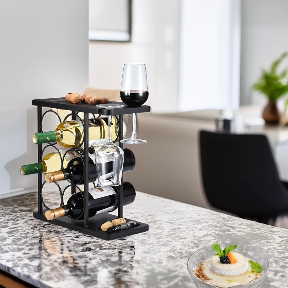 ALLCENER Modern Wine Rack Countertop, Matte Black 6 Bottle Wine Rack with Gla...
