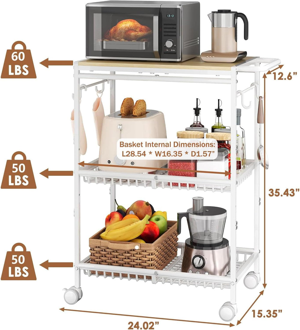 Microwave Kitchen Cart with 2 Lockable Wheels, White Kitchen Storage Cart wit...