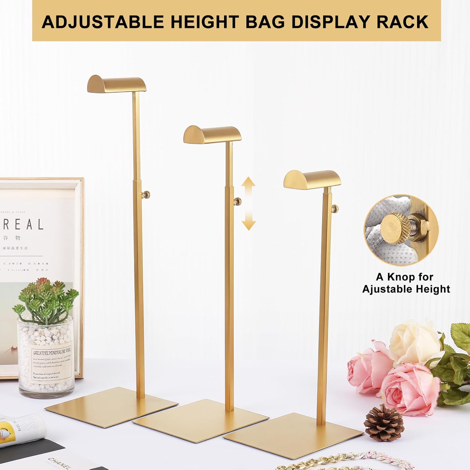 Gold Purse Display Stand, 3 Pack Heavy Duty Stainless Steel Handbag Stand, Adjustable High Bag Hanger Stand Bag Display Rack for Closet, Retail Display Stand Hanging Luxury Purses (RCS 50% Recycled Post-consumer Metal)