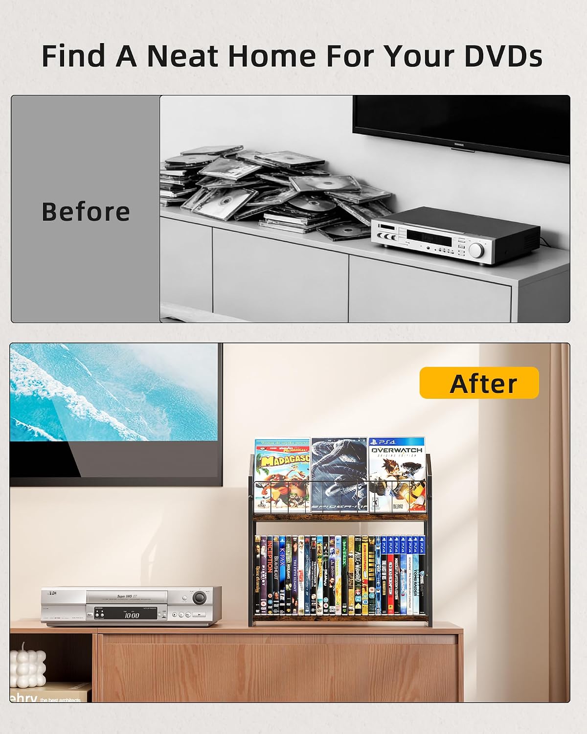 2-Tier DVD Storage Rack, DVD Shelf for Non-slip Feets, DVD Holder Display with 10 lb per Tier, Stores Up to 56 DVDs, Display Organizer Tower for Music Enthusiasts and Collection
