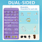 Travel Jewelry Organizer Dual Sided Hanging Earring Holder Bracelet Storage Rolls Rings Display Case with 68 Zippered Pockets (PURPLE)