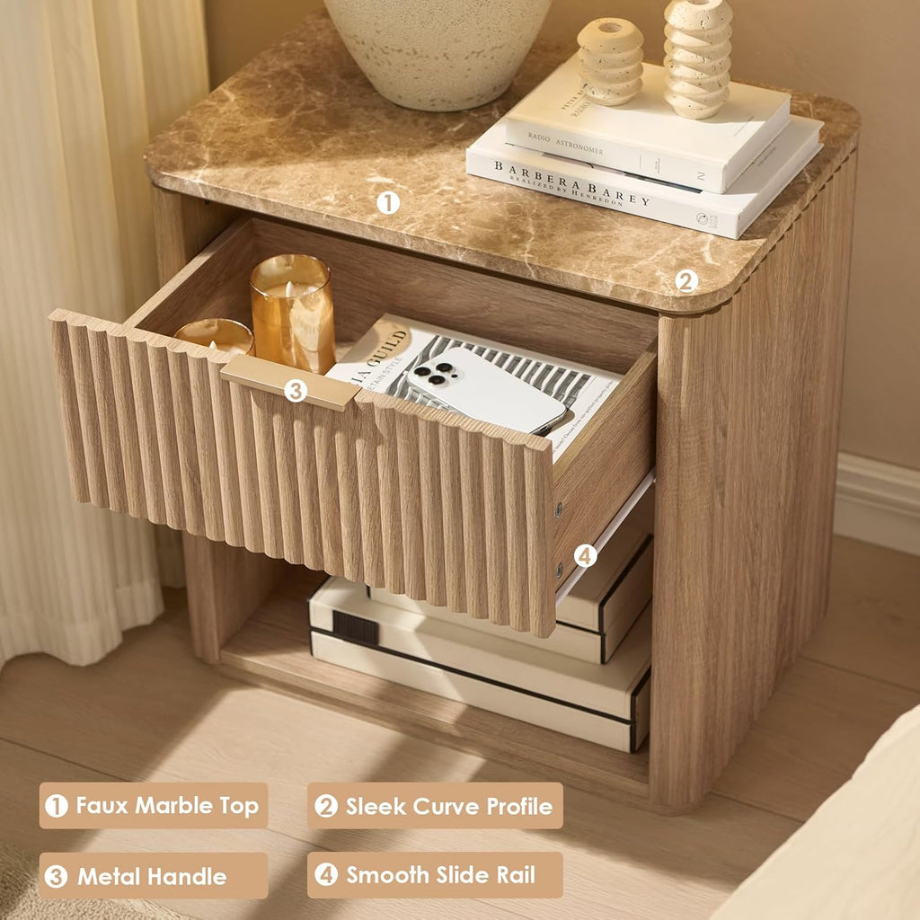 Fluted Nightstand with Drawer, Bedside Table with Faux Marble-Top, Engineered Wood Side Table with Open Shelf, Curved Corners, Metal Handle, Modern Night Stand for Bedroom, Small Spaces, Natural Oak
