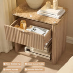 Fluted Nightstand with Drawer, Bedside Table with Faux Marble-Top, Engineered Wood Side Table with Open Shelf, Curved Corners, Metal Handle, Modern Night Stand for Bedroom, Small Spaces, Natural Oak