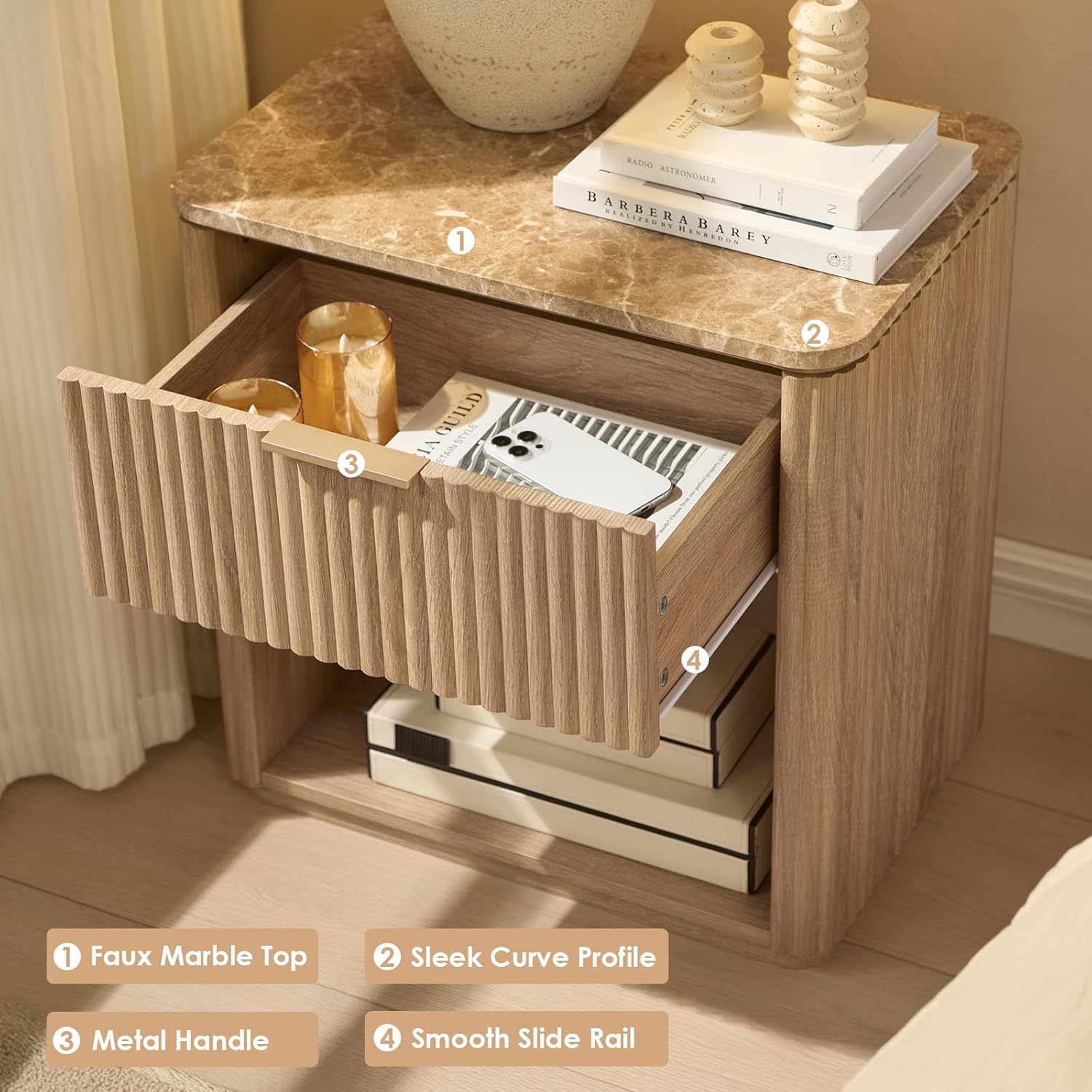 Fluted Nightstand with Drawer, Bedside Table with Faux Marble-Top, Engineered Wood Side Table with Open Shelf, Curved Corners, Metal Handle, Modern Night Stand for Bedroom, Small Spaces, Natural Oak