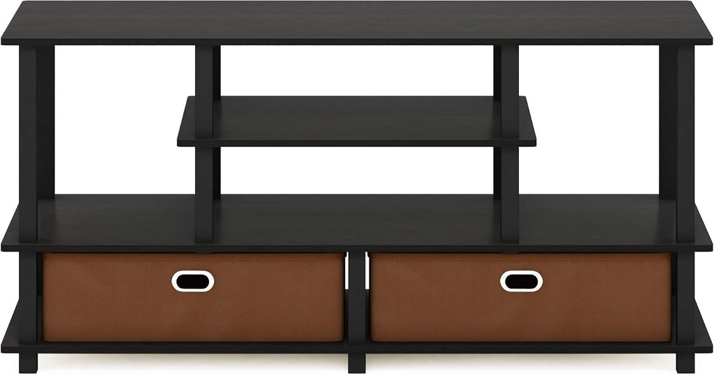 Furinno Jaya Toolless Assembly TV Stand for TV up to 55 Inch, 4-Tier Entertainment Center, TV Console with 2 Storage Bins, for Living Room, Bedroom, Home Office, Black Espresso