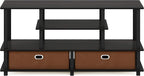 Furinno Jaya Toolless Assembly TV Stand for TV up to 55 Inch, 4-Tier Entertainment Center, TV Console with 2 Storage Bins, for Living Room, Bedroom, Home Office, Black Espresso