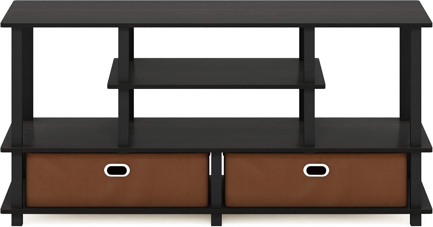 Furinno Jaya Toolless Assembly TV Stand for TV up to 55 Inch, 4-Tier Entertainment Center, TV Console with 2 Storage Bins, for Living Room, Bedroom, Home Office, Black Espresso