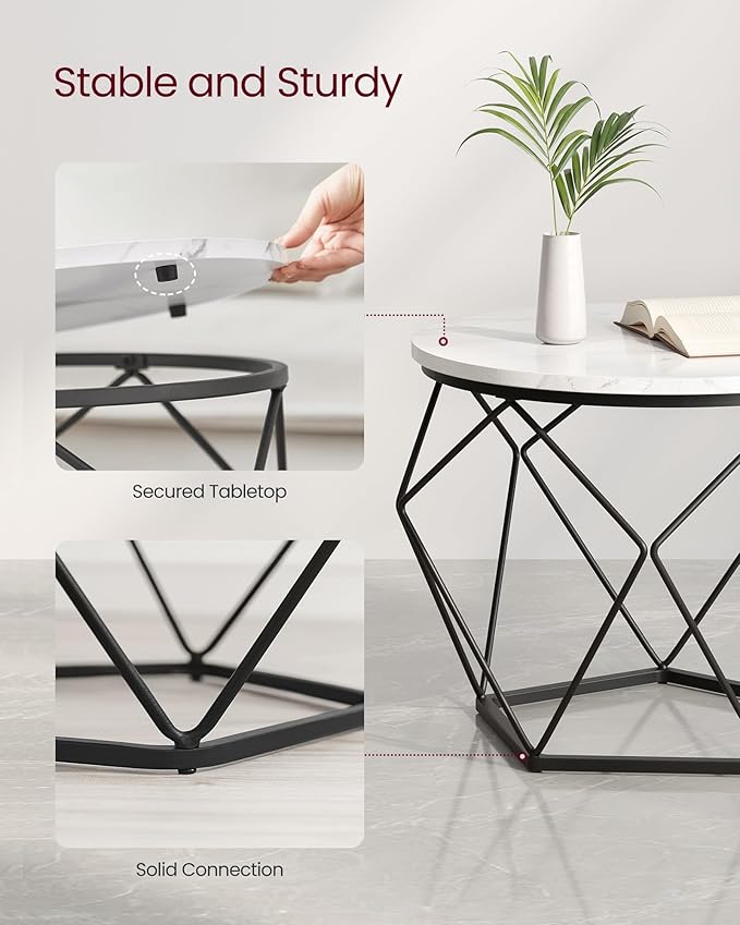 VASAGLE Small Coffee Table Set of 2, Round Coffee Table with Steel Frame, Side End Table for Living Room, Bedroom, Office, Marble White and Ink Black