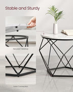 VASAGLE Small Coffee Table Set of 2, Round Coffee Table with Steel Frame, Side End Table for Living Room, Bedroom, Office, Marble White and Ink Black