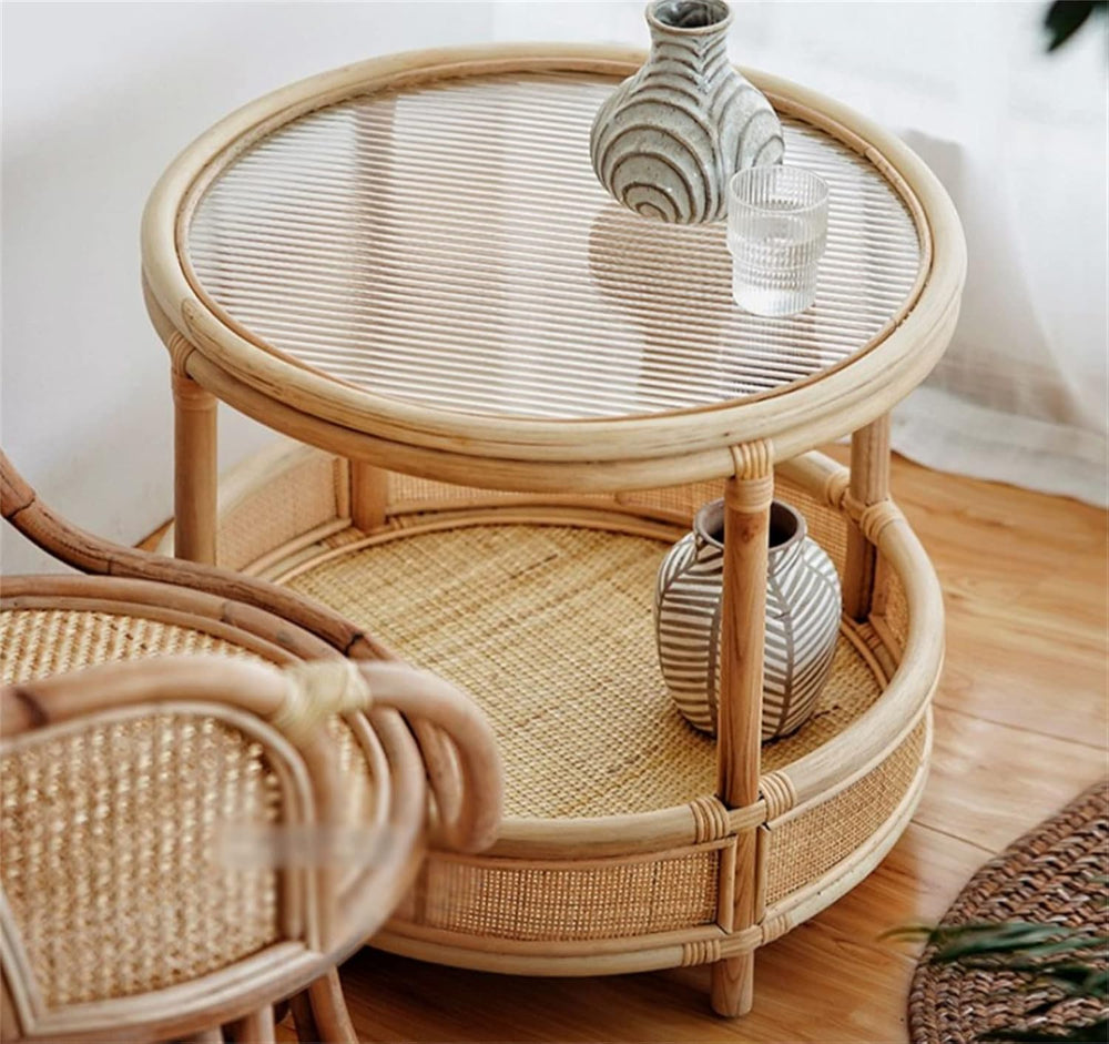 Mlaea Double-Layer Round Rattan Surface/Glass Surface Small Table, Living Roo...