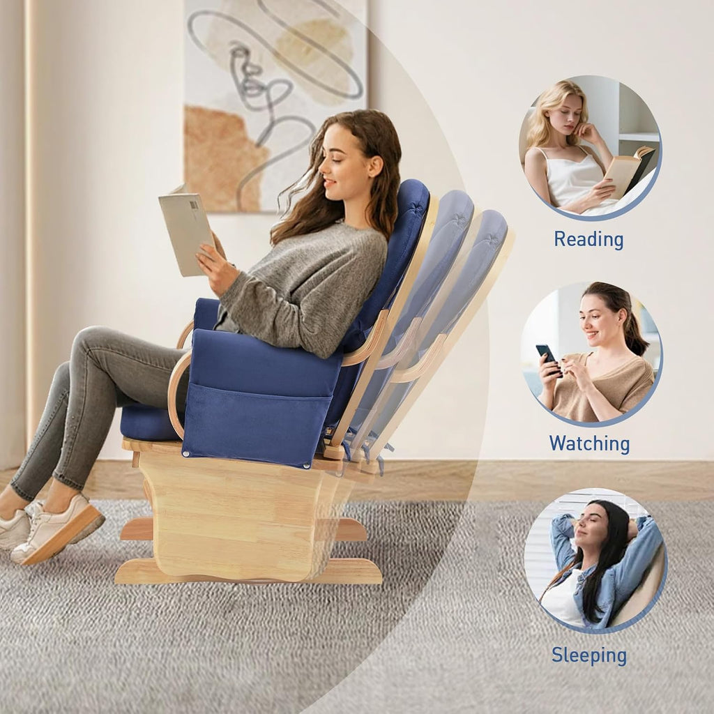 Natural Wood Glider Rocker Chair, Silent Smooth Gliding Nursery Rocking Chair with Solid Hardwood Base, Safety Design, Comfy Cushion for Baby Feeding, Nursery, Living Room, Bedroom, Blue