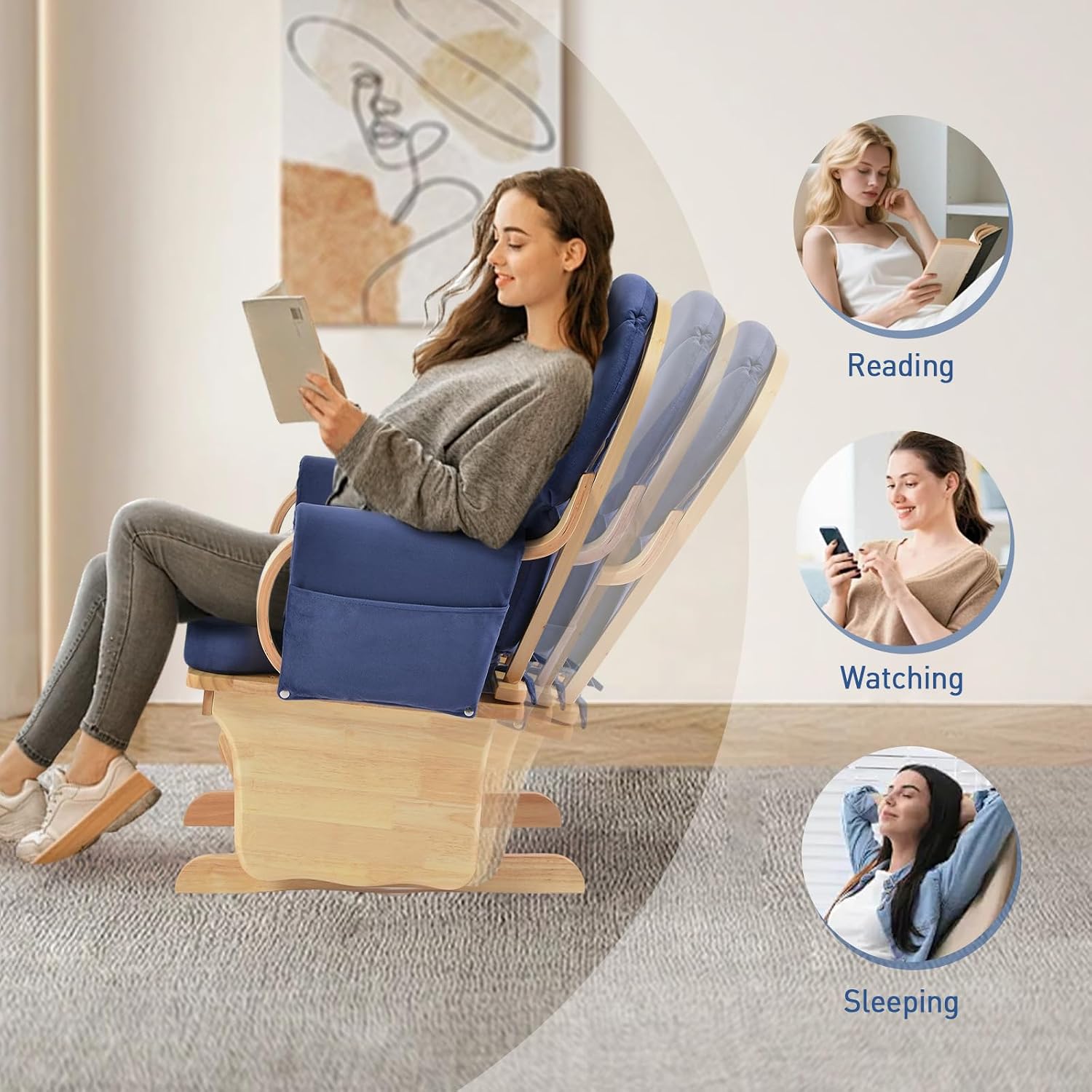 Natural Wood Glider Rocker Chair, Silent Smooth Gliding Nursery Rocking Chair with Solid Hardwood Base, Safety Design, Comfy Cushion for Baby Feeding, Nursery, Living Room, Bedroom, Blue