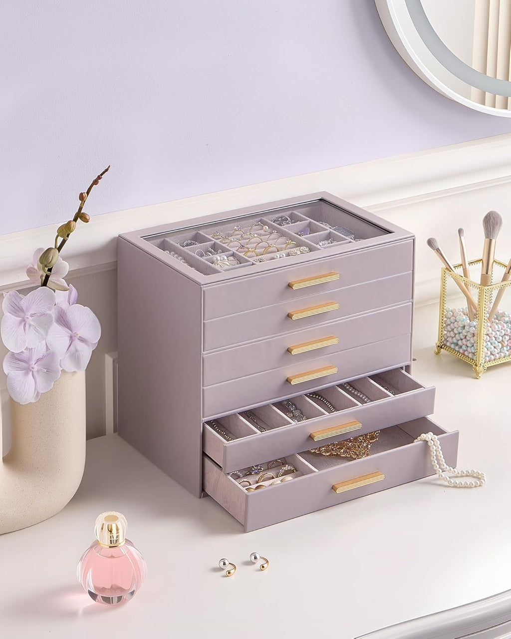 Lolalet Jewelry Box Organizer, 6-Layer Jewelry Organizers and Storage Case with Glass Lid, Ring Earring Bracelet Necklace Holder Organizer, Birthday Christmas Gifts for Women Girls -6Layer, HazePurple