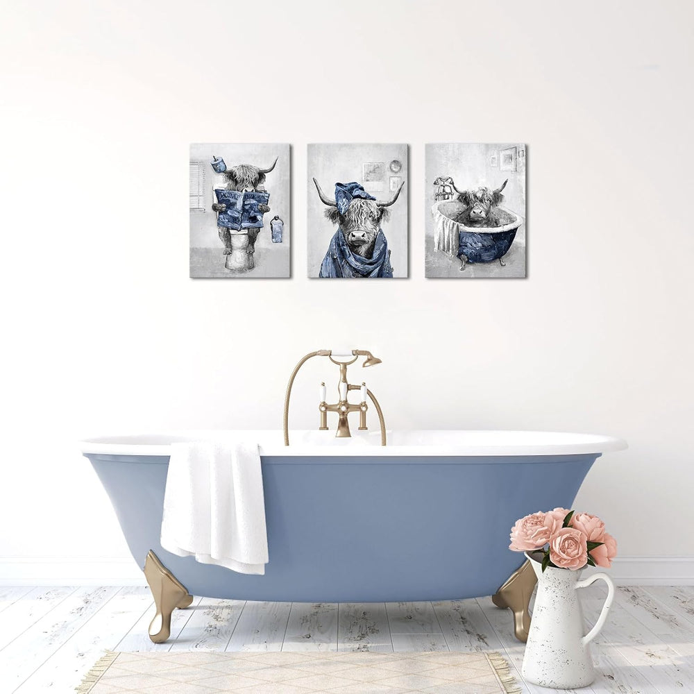 sechars Funny Highland Cow Wall Art Blue Bathroom Decor