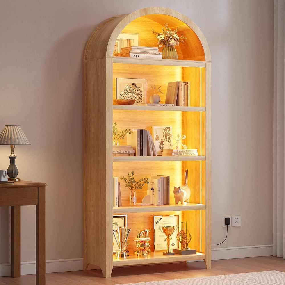 Arched Bookshelf with 5 Tiers and 3-Color LED Sensor Lights - Wood