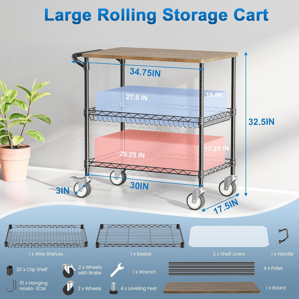 Rolling Kitchen Carts with Wheels, 3-Tier Utility Cart with Wood Tabletop