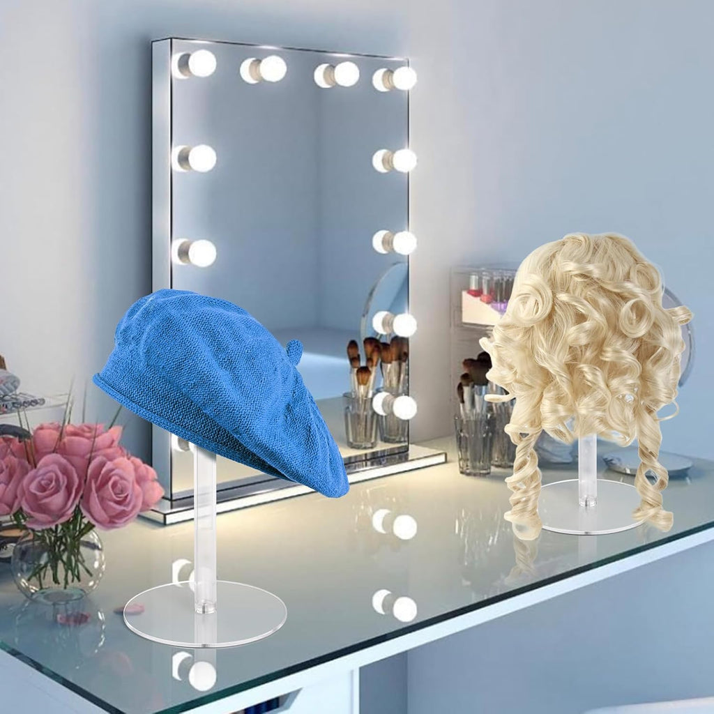 2PCS Acrylic Hat Stand and Wig Display Rack with Height Adjustable, Clear Dome Tabletop Hat Stand Cap, Sun Hat Holder Stand, Cowboy Hat Holder Baseball Cap Rack for Display