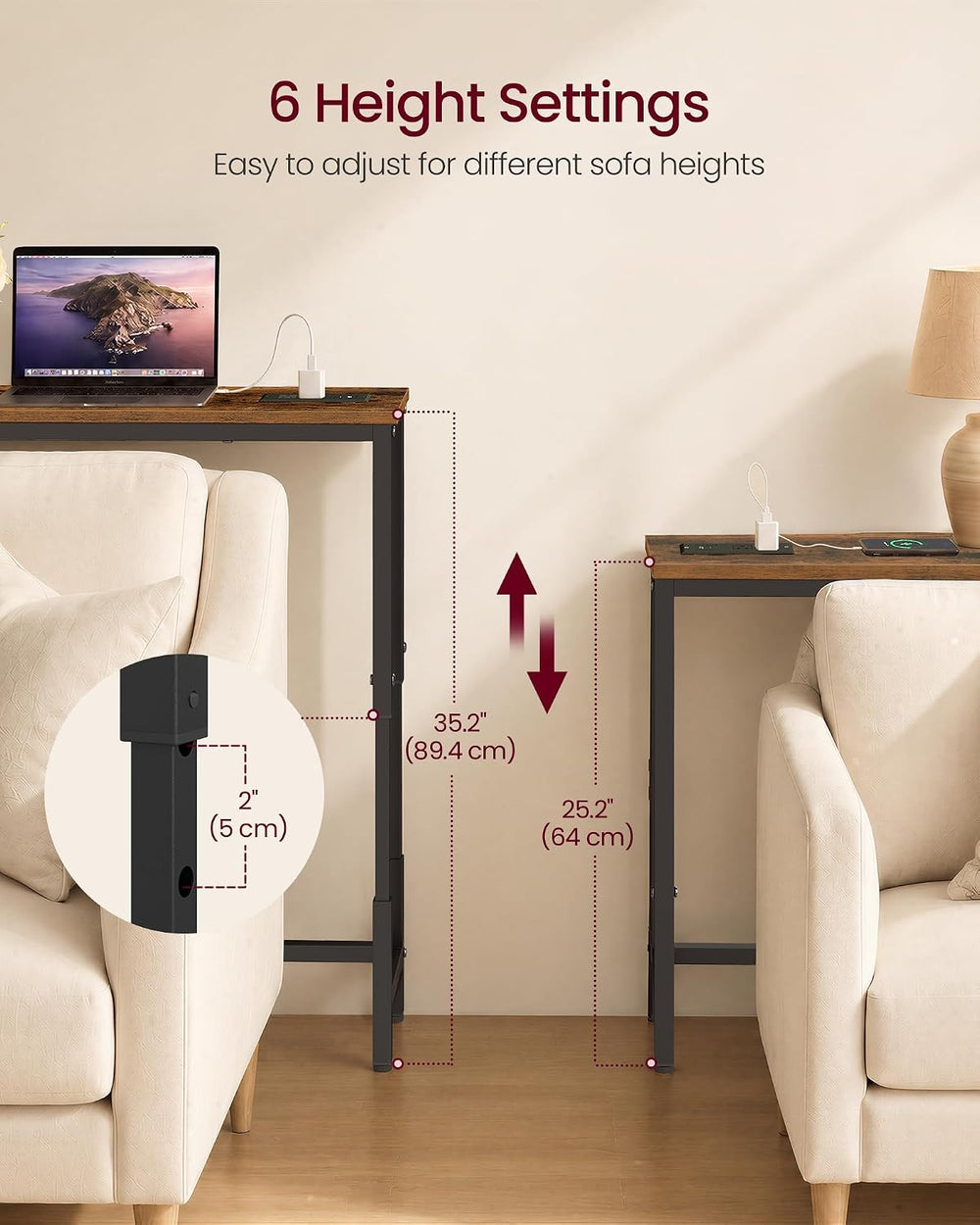VASAGLE 106.3"Console Table, 25.2-35.2"Height Adjustable, with Powe...