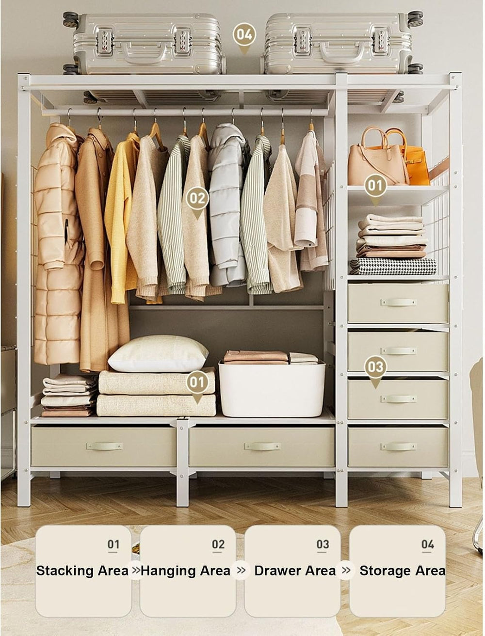 Heavy-Duty Clothes Rack Wardrobe with Curtain Large Walk-in Closet for Bedroo...