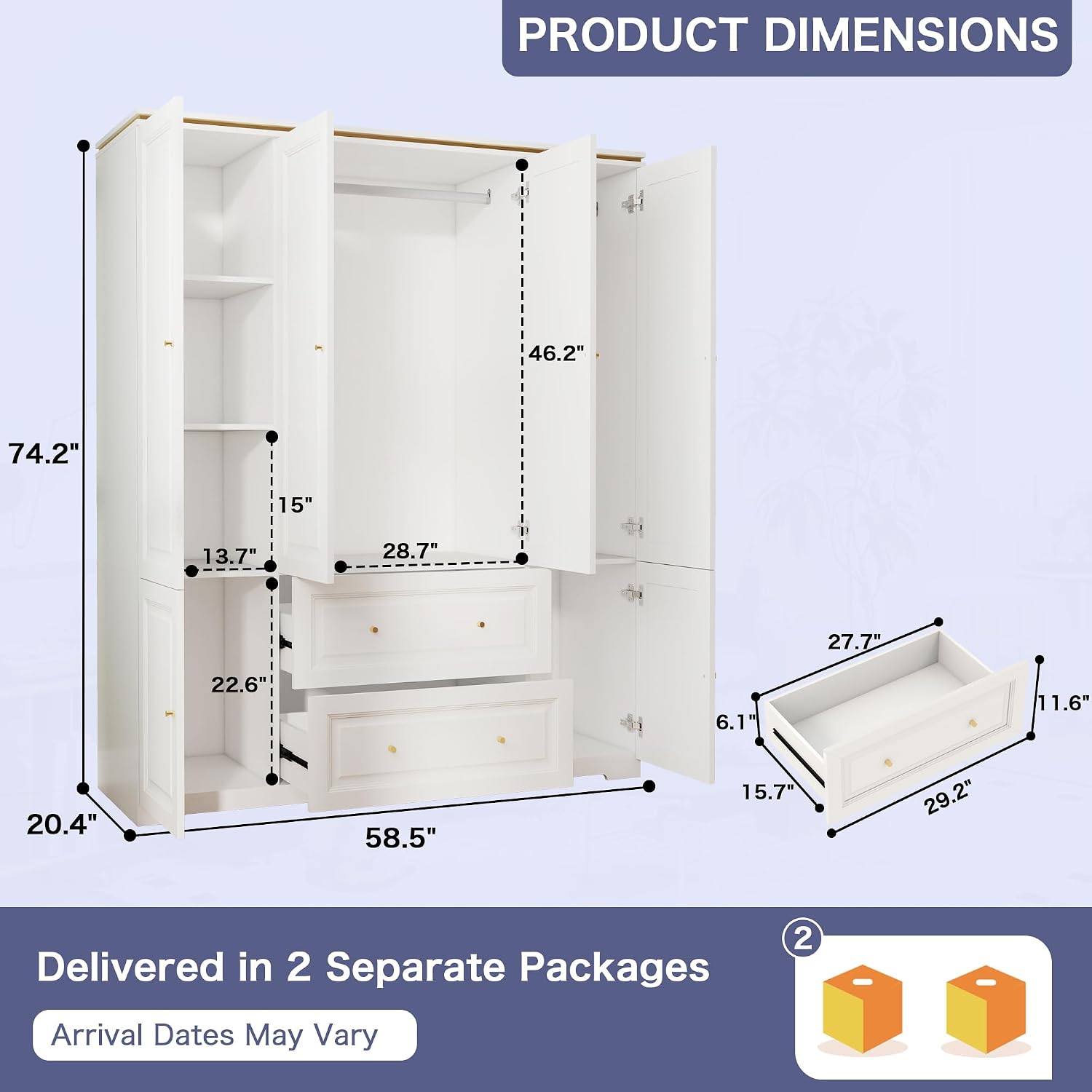 Armoire Wardrobe Closet with Drawers: 74" White Wardrobe with 2 Drawers, 4 Doors Bedroom Armoires with Hanging Rod, Tall Closet Cabinet for Hanging Clothes (59")