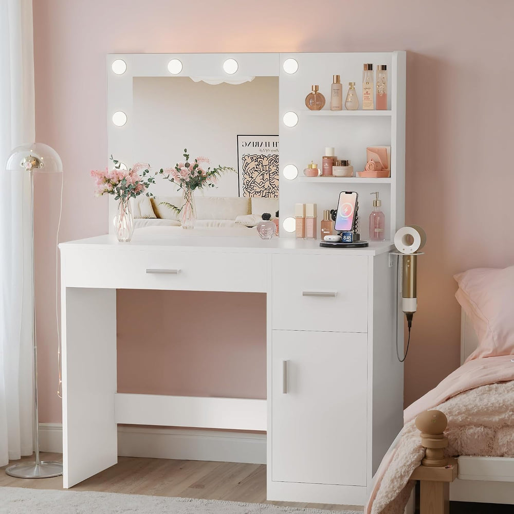 YESHOMY 35.4" Vanity Desk with Mirror & Lights, Power Outlet,Fresh W...
