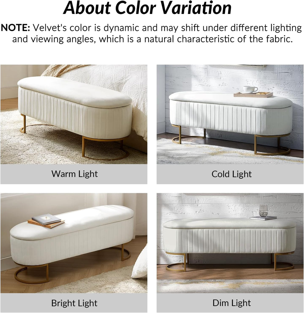50.5” Velvet Storage Ottoman Bench with Gold-Toned Legs, Luxury Upholstered E...