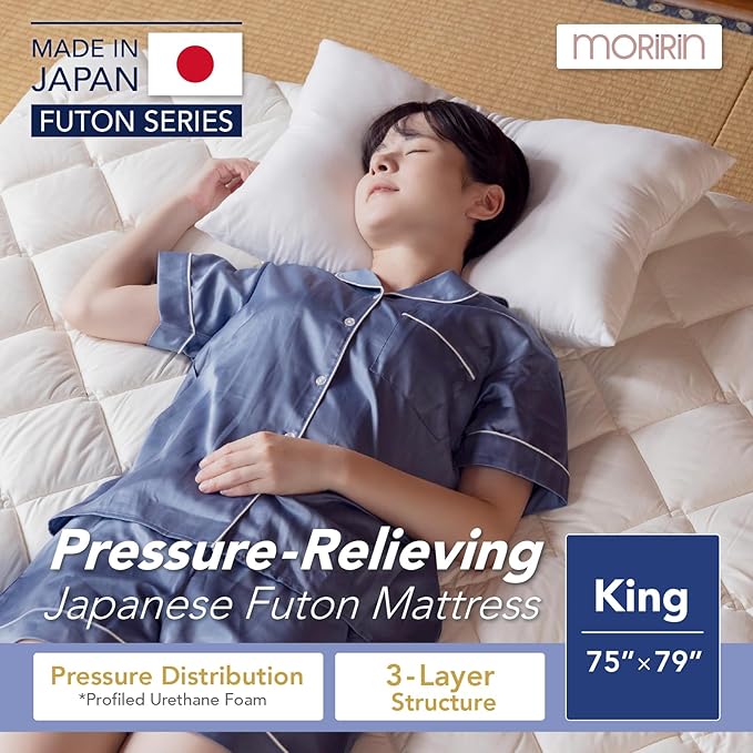 MORIRIN Japanese Floor Futon Mattress (Shikibuton) with Body Pressure Dispersion, Made in Japan, King