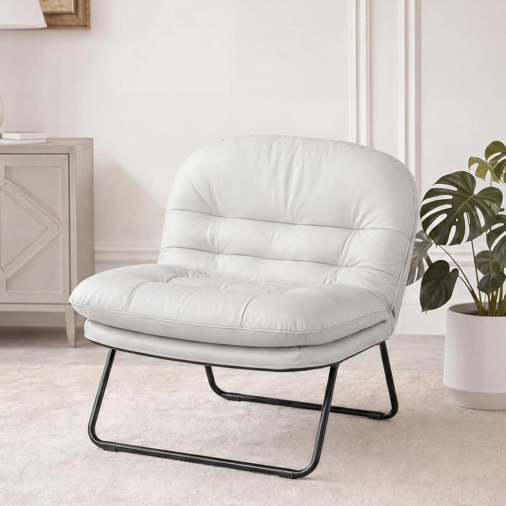 DUMOS Comfy Saucer Chair,PU Leather Foldable Chairs for Bedroom, Living Room, Dorm & Gaming, Small Foldable Fashion Floor Chair with Back Support for Small Spaces Adults, Snow White