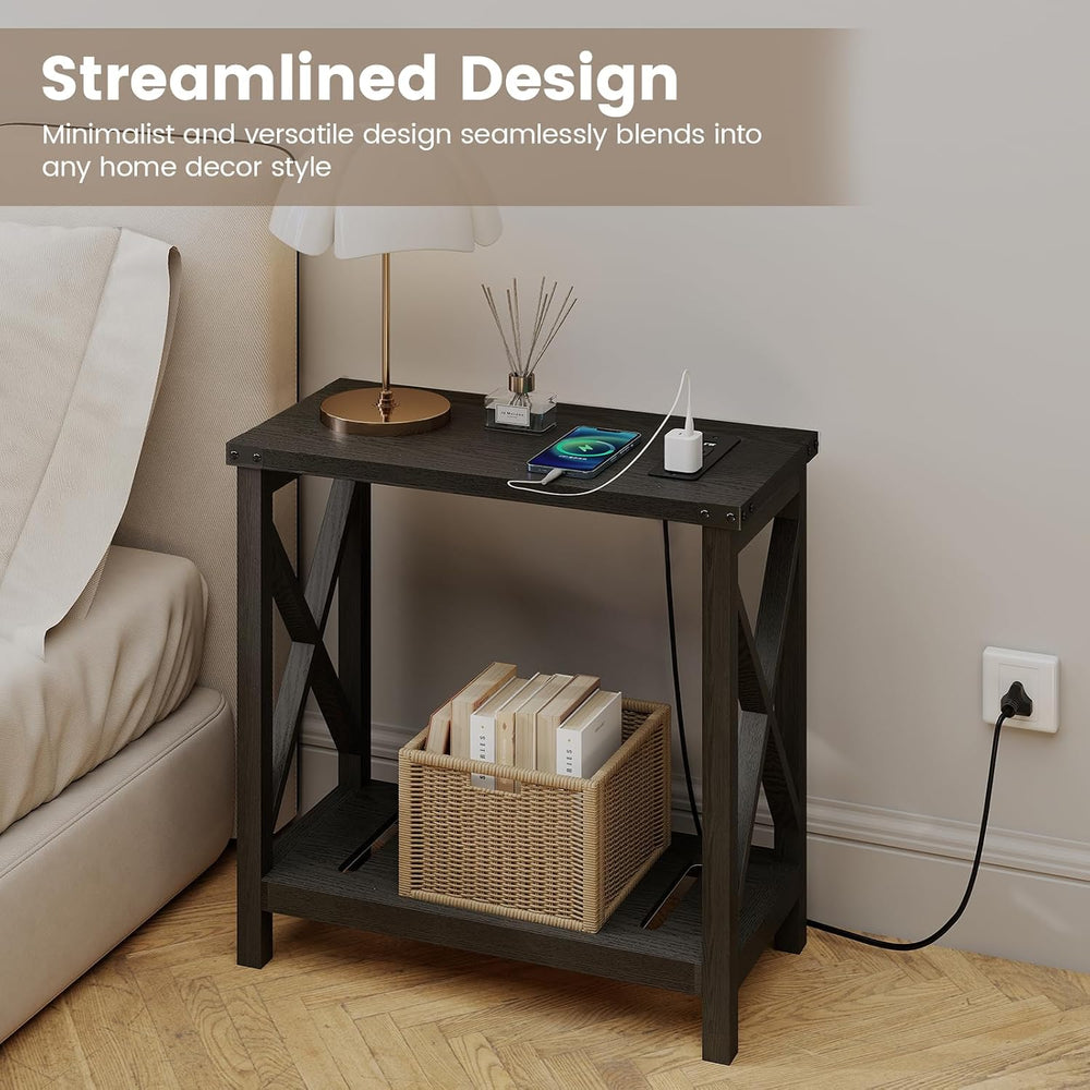 Hadulcet Farmhouse Side Table with Charging Station - Narrow Bedside Table fo...