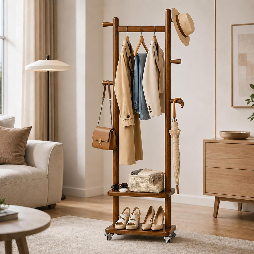 Solid Wood Coat Rack Freestanding Clothing Rack with Wheels & 2 Shelves S...