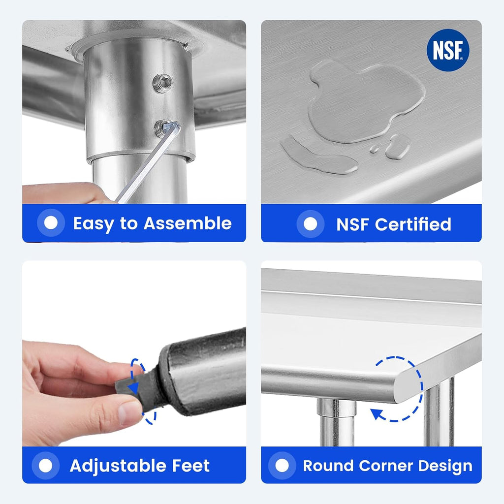 Hally Stainless Steel Table for Prep & Work 18" x 30" with Backsplash NSF | Commercial Metal Heavy Duty Workbench, Adjustment Undershelf, for Kitchen, Restaurant, Home, Hotel, Garage, Pizza Oven