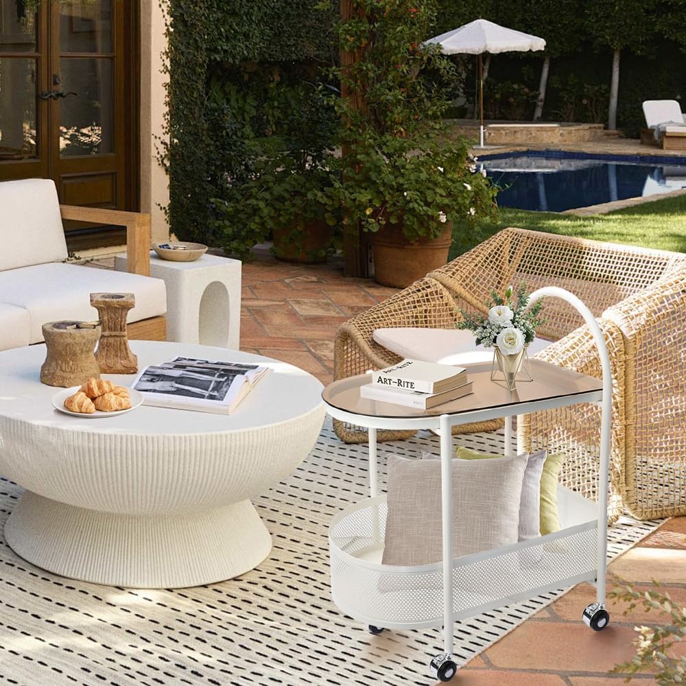 2 Tier Rolling Side Table, Metal Coffee Sofa Side End Table,Handle Utility Ca...