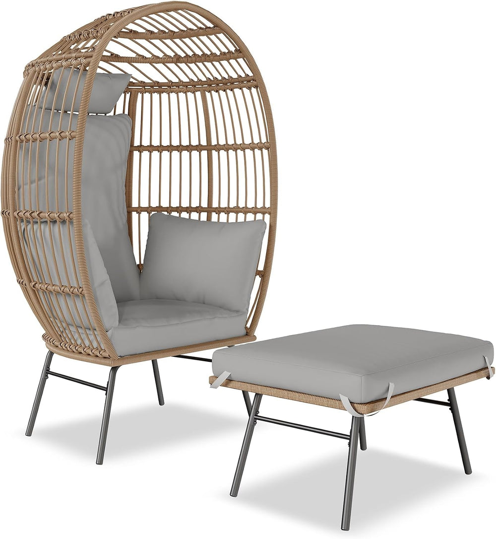 Wicker Egg Chair with Ottoman, Oversized Egg Shaped Lounge Chair with Thick C...