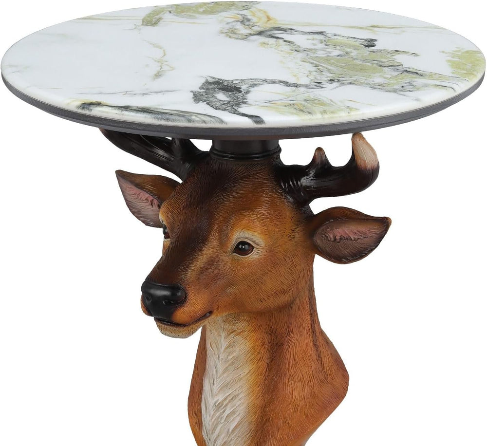Deer Head Accent Table with Faux Marble Top, 25.59" Resin Animal Statue ...