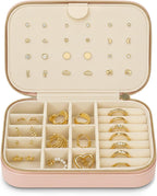 Small Travel Jewelry Box Organizer for women & Girls, Portable Small Travel Jewelry Case Organizer for Traveling, PU Leather Mini Box for Earrings, Necklaces, Rings, Bracelets - Pink