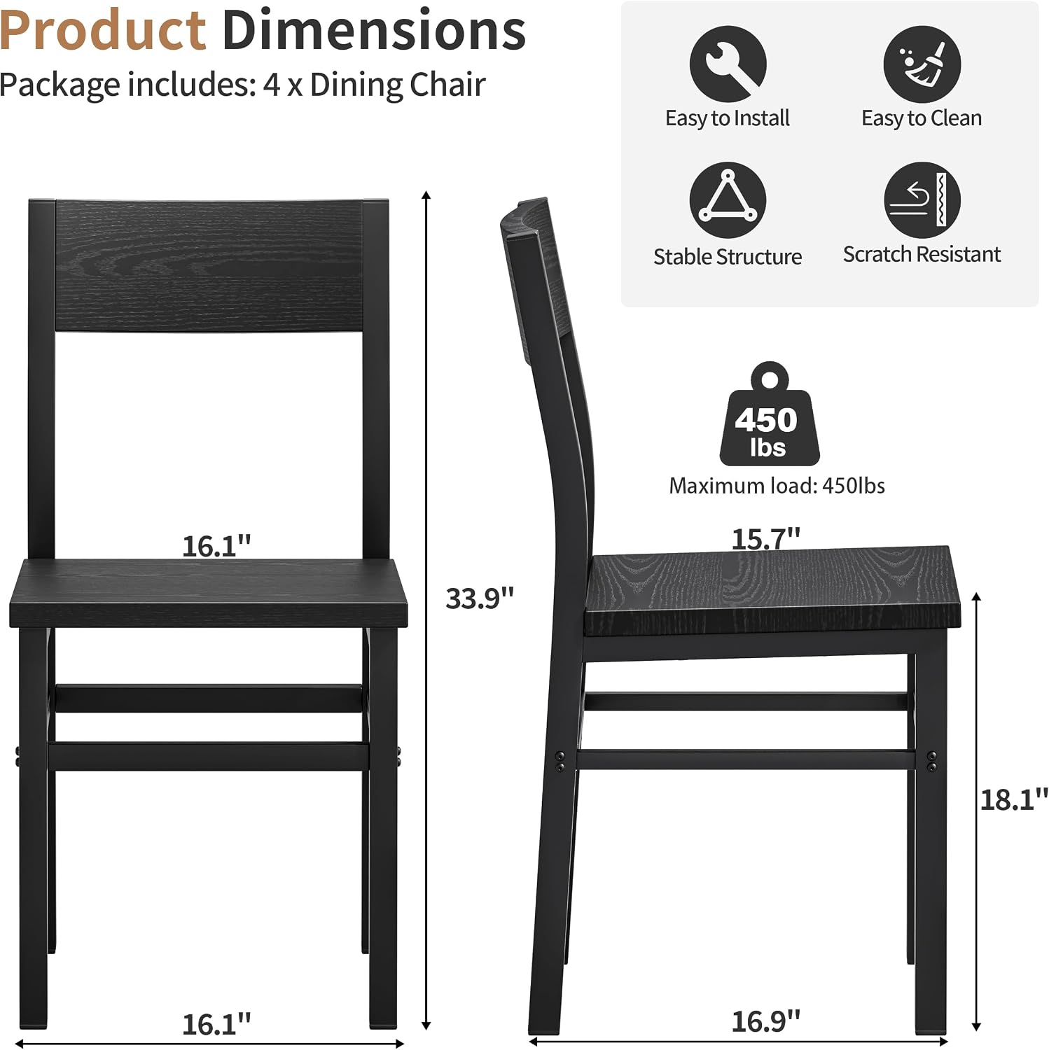 MECHYIN Dining Chairs Set of 4, Rustic Wood Dining Room Chairs with Thickened and Strengthened Metal Steel Frame & Slat Back, Modern Farmhouse Chair for Kitchen, Dining Room (4, Dark Black)