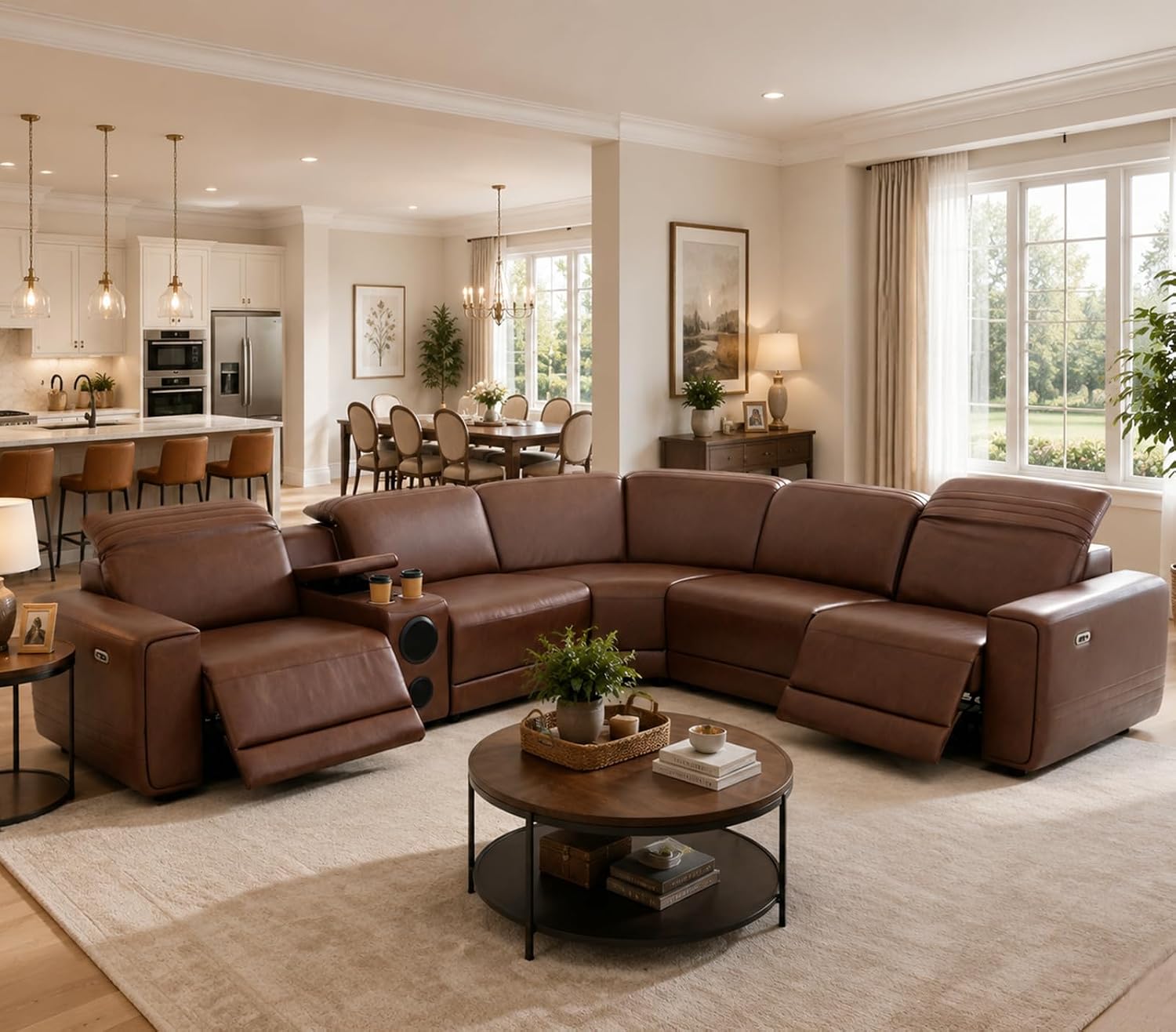 Power Reclining Sectional Sofa with Speakers, L-Shaped Air Leather Recliner Sectional Couch with USB Ports, Cup Holders & Storage Console, Luxury Living Room Furniture Set for Home, Office & Apartment