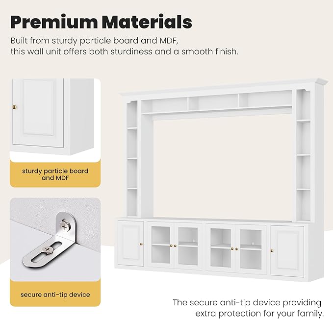 Merax Minimalist Entertainment Center Set with Bookshelves, All-in-1 Large TV Wall Unit for TVs Up to 80'', 92 Inch Media TV Cabinet withTempered Glass Door for Living Room, White