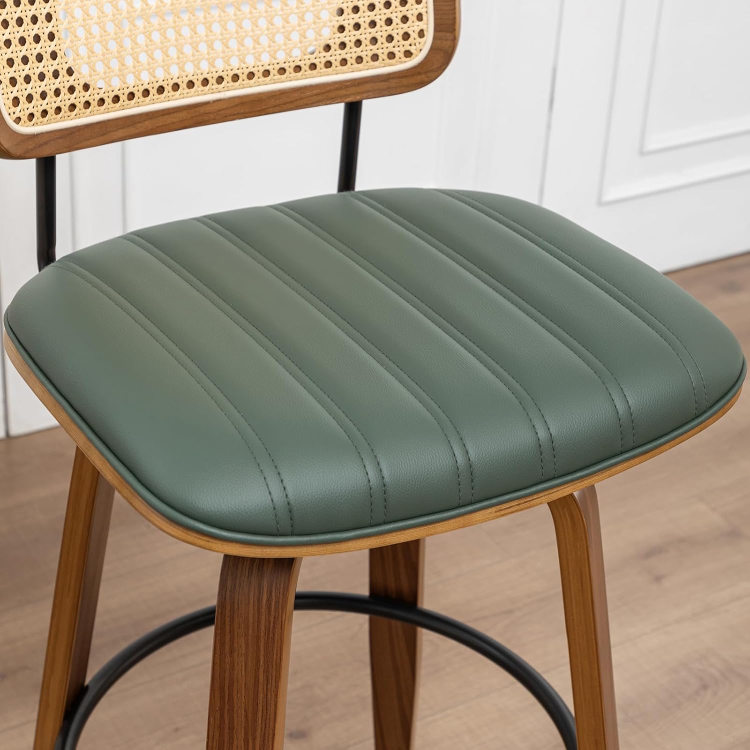 Swivel Bar Height Stools, Mid Century Modern Bar Stools wit Curved Back | Solid Bentwood Frame, Walnut Finish, Cane Back, PU Leather Upholstered Seat, Kitchen BarStools for Bar, Cafe, Pub, Restaurant