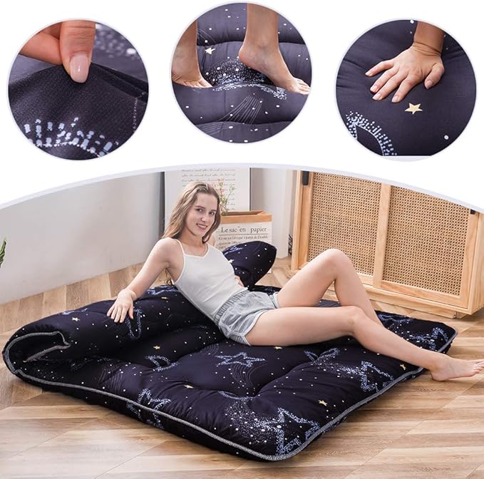 MAXYOYO Japanese Floor Mattress Futon Mattress, 4" Thicken Tatami Mat Sleeping Pad Foldable Roll Up Mat Boys Girls Dormitory Pad Kids Floor Lounger Pillow Bed, Charcoal Grey, Queen Size