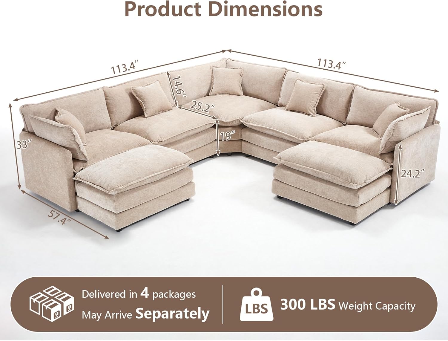 Oversized Modular Sectional Sofa, 7 Seater Deep Seat Cloud Couch Sofa | Chenille|Corner Couch|7 Pillows|2 Ottomans|Double-layer Cushion|For Spacious Living Room, Big Families| Light Camel