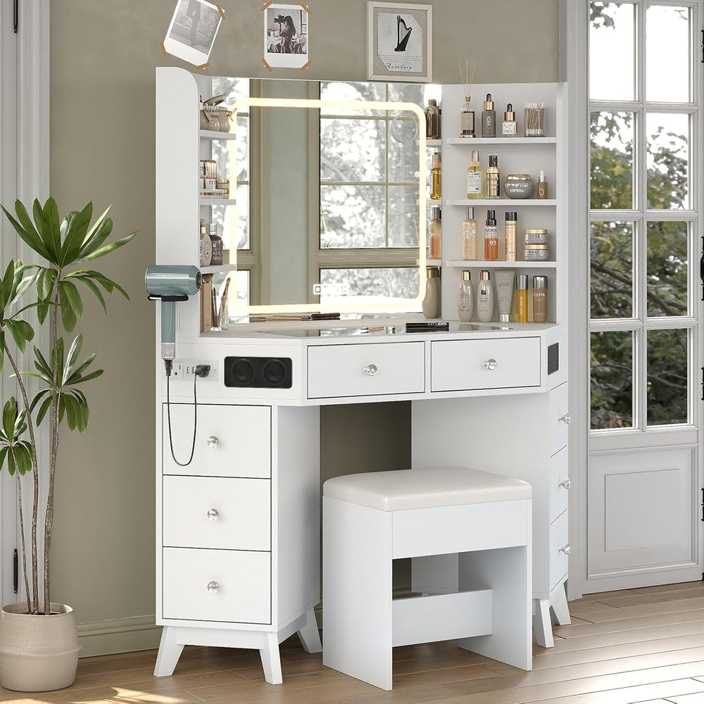 Yanosaku Corner Vanity Desk with Buil-in Speaker, 8 Drawers & 6 Shelves, ...