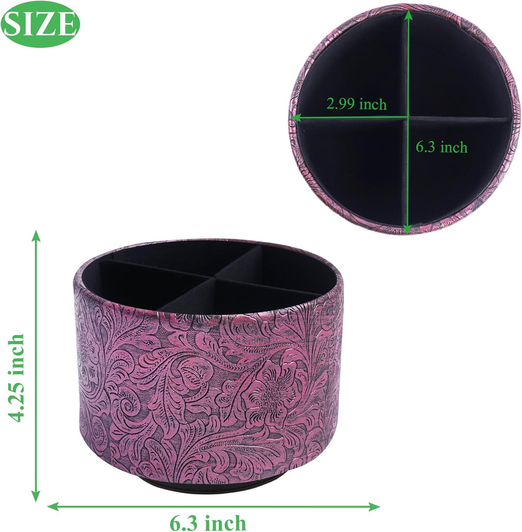 lizimandu Round Leather Art Supply Organizer,Remote Control Holder,360 Degree Spinning,Multi-Functional Pencil Holder,4 Compartments Desktop Stationary Organizer(1-Carved Metal Rose Red)