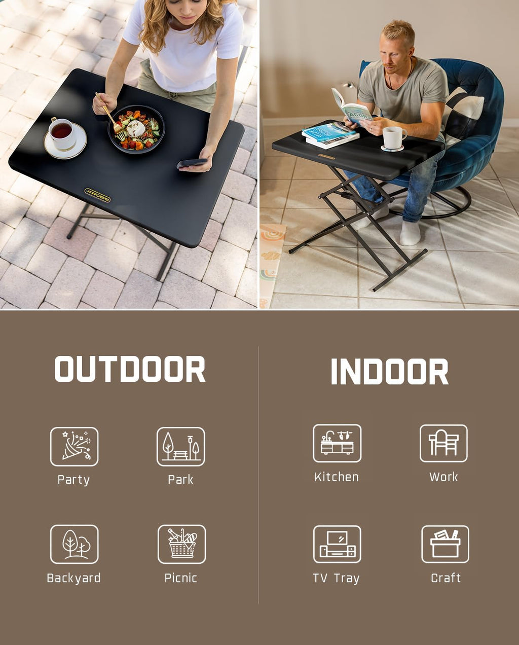 FanttikOutdoor Folding Table 2-Second One-Hand Height Adjustment, 3 Settings, Ultra-Thin 3.2" Fold, No Assembly, TV Tray Laptop Desk 28 inch, 2-Pack, Black Zeta X1 Pro