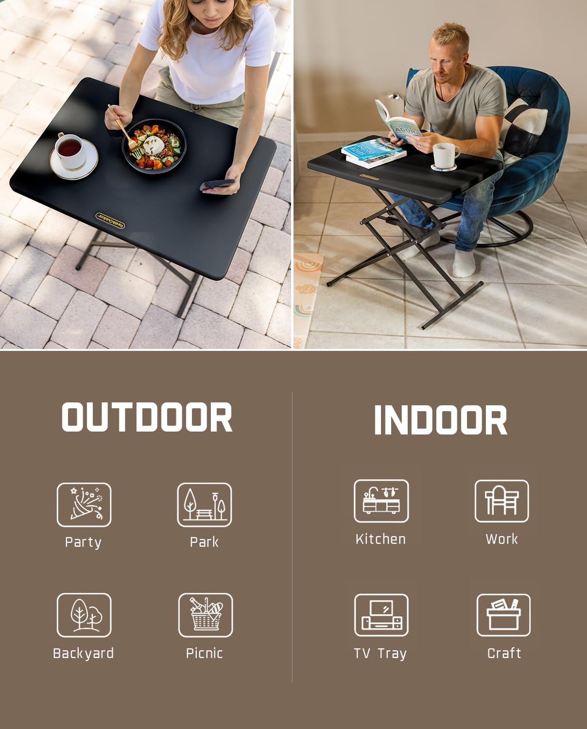 FanttikOutdoor Folding Table 2-Second One-Hand Height Adjustment, 3 Settings, Ultra-Thin 3.2" Fold, No Assembly, TV Tray Laptop Desk 28 inch, 2-Pack, Black Zeta X1 Pro